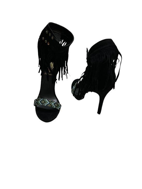 Athena Shoes - athena women black fringe ankle straps stiletto heels sandals sz 7